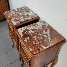 Pair French Walnut Louis XV style Bedside Cabinets with inset rouge carrera marble tops and parquetry inlay. Consisting of one drawer and one cupboard on very elegant legs. Circa: 1900's.