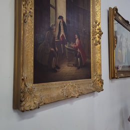 An engaging gilt framed signed oil on canvas of a "French Interior Scene". It has been sourced from France and is in good original detailed condition.