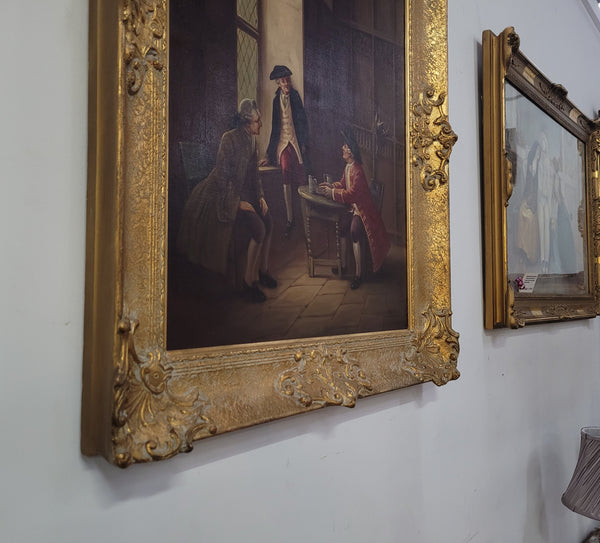 An engaging gilt framed signed oil on canvas of a "French Interior Scene". It has been sourced from France and is in good original detailed condition.