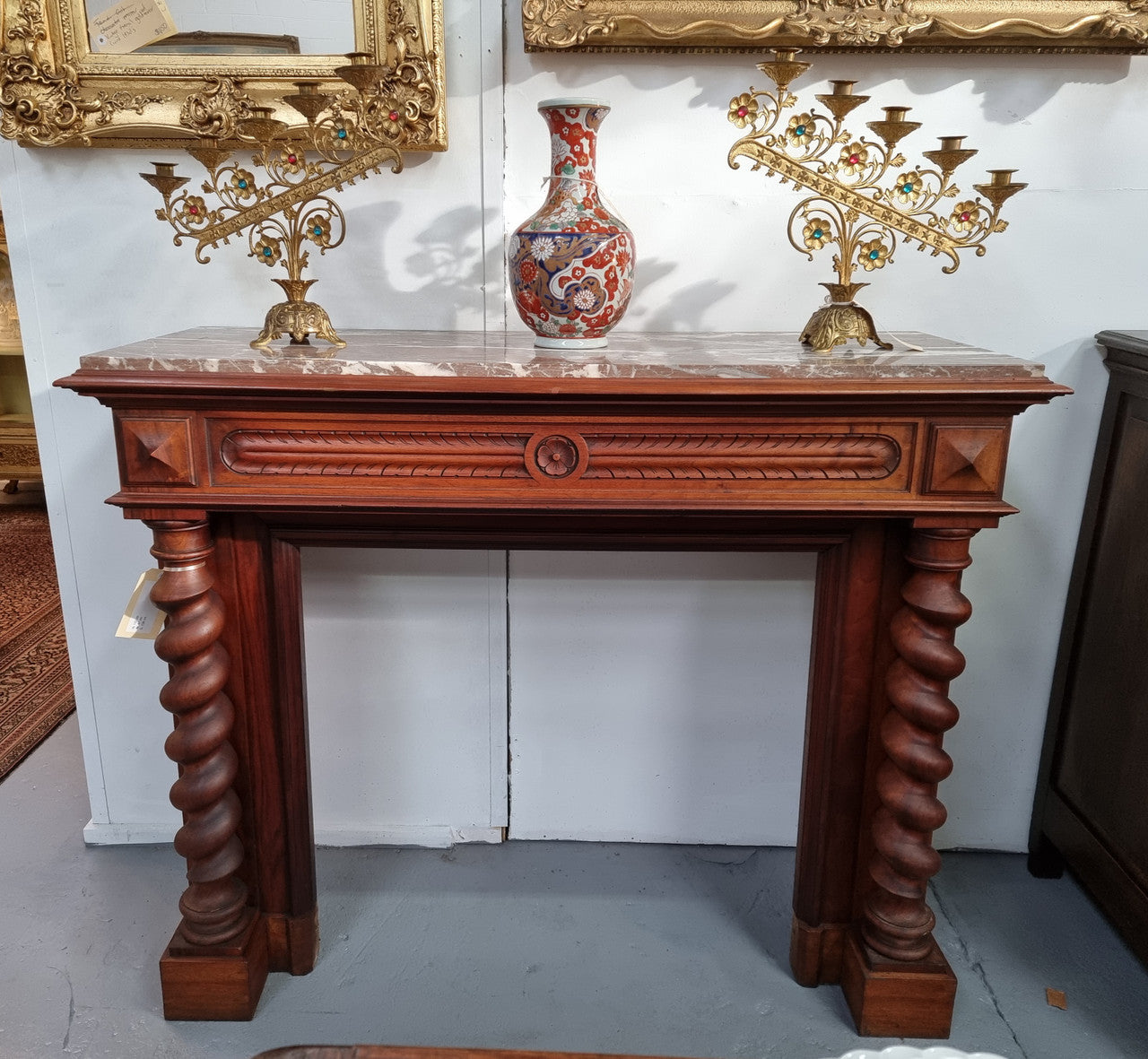 French 19th Century Walnut & Marble Top Fireplace Surround
