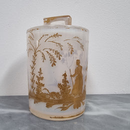 Antique French opaline glass lidded container with lovely gilt decoration. In good original condition with no chips or crack, please view photos as they help form part of the description.