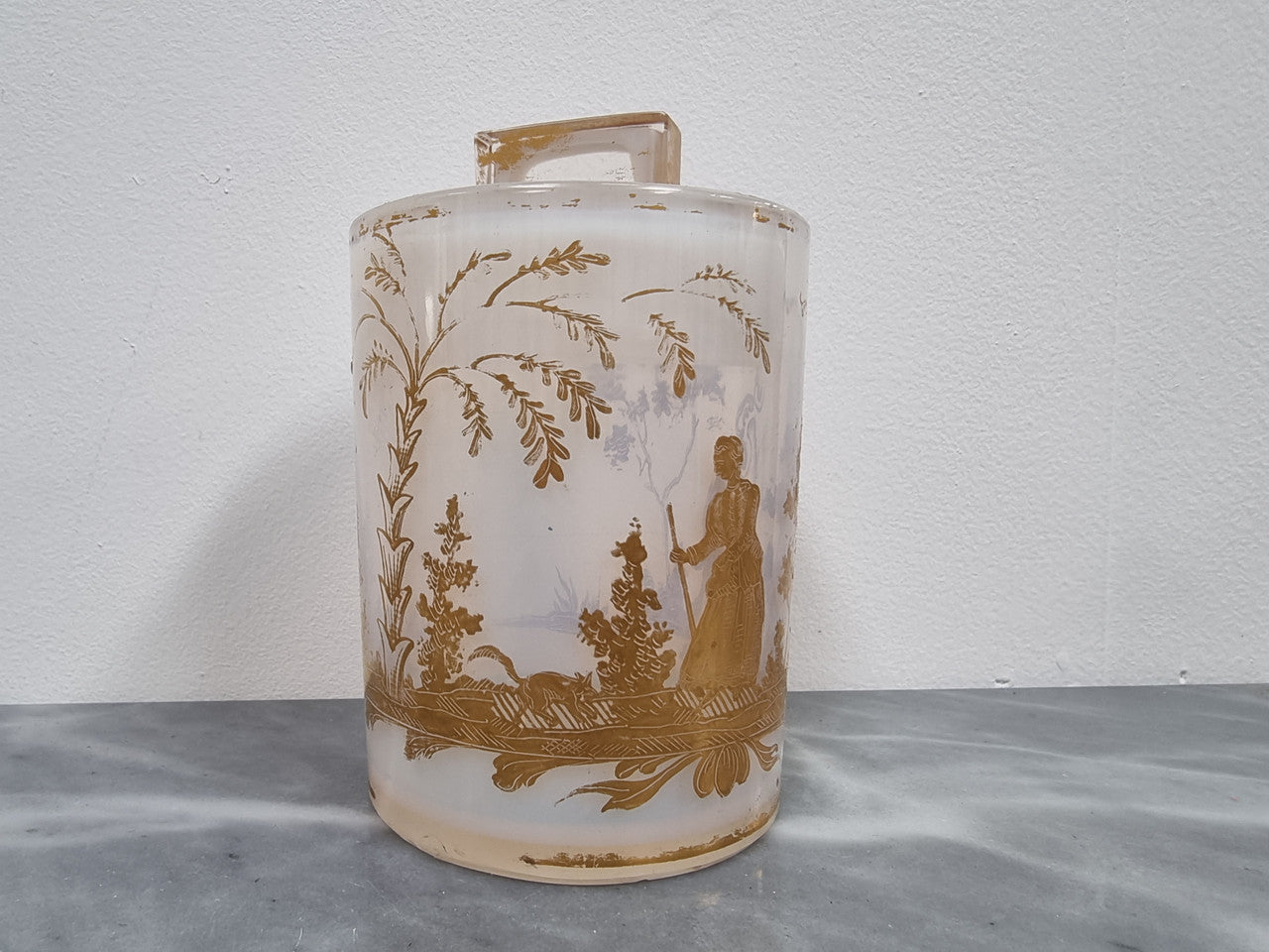 Antique French Opaline Glass Lidded Container With Lovely Gilt Decoration