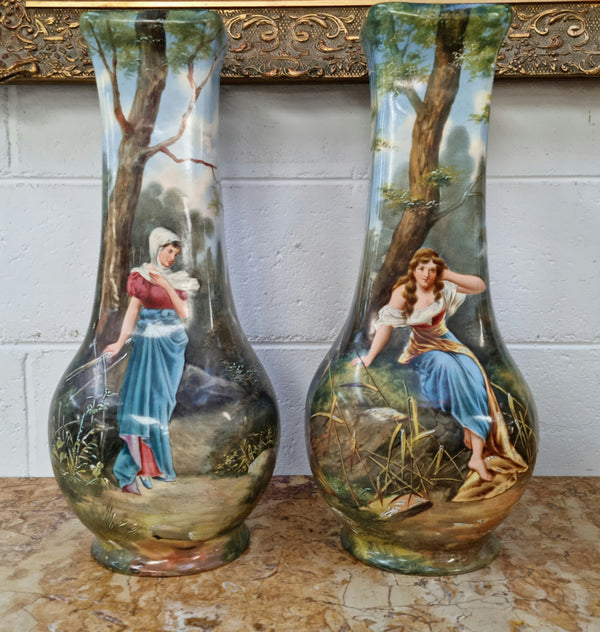 French pair of 19th century large handpainted vases of beautiful women and in good original condition