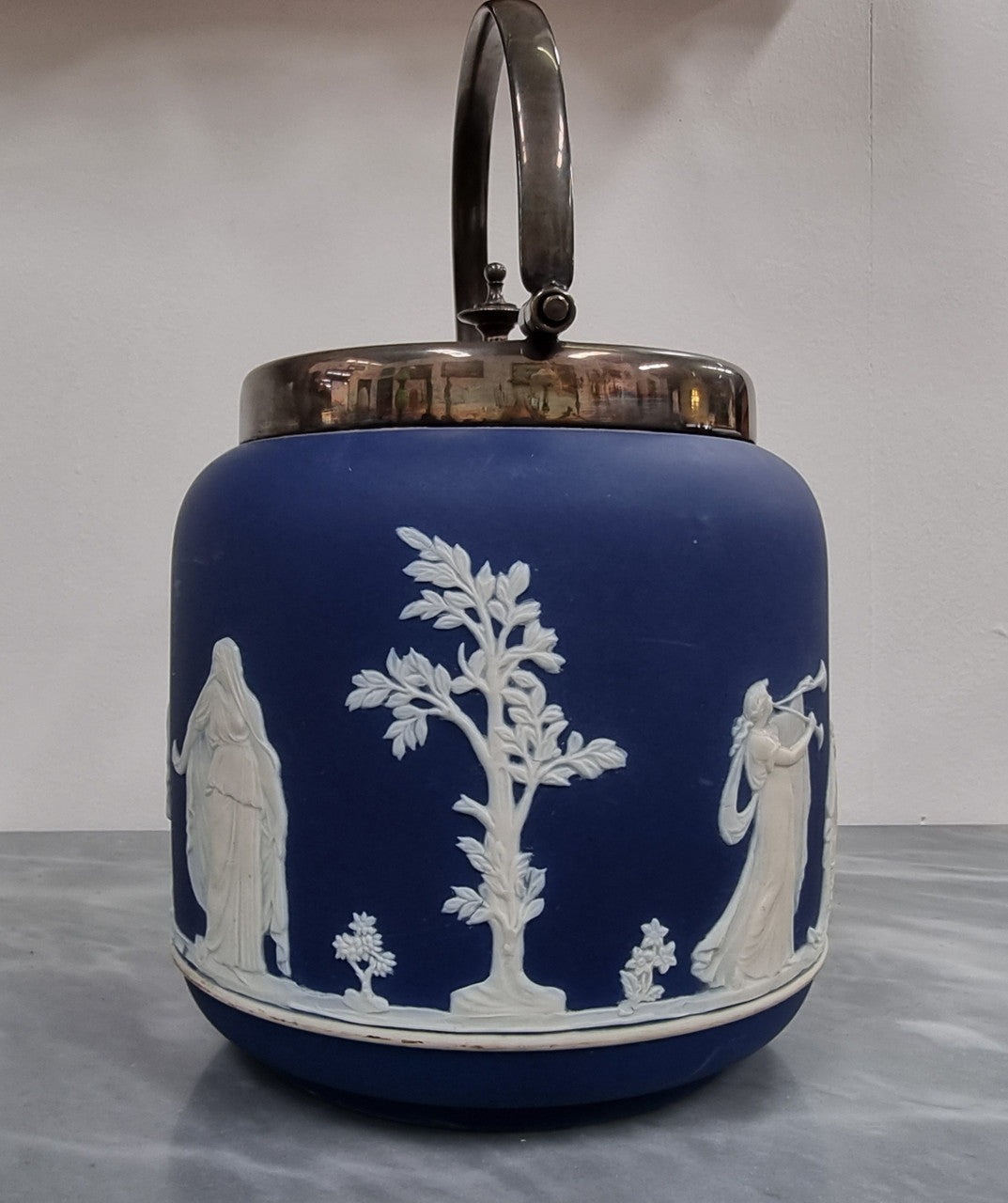 Wedgwood Blue Adam's Jasperware Biscuit Barrel