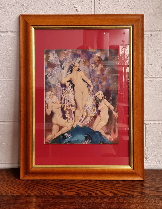 A beautiful framed coloured print After Norman Lindsay, of three female nudes in good condition.