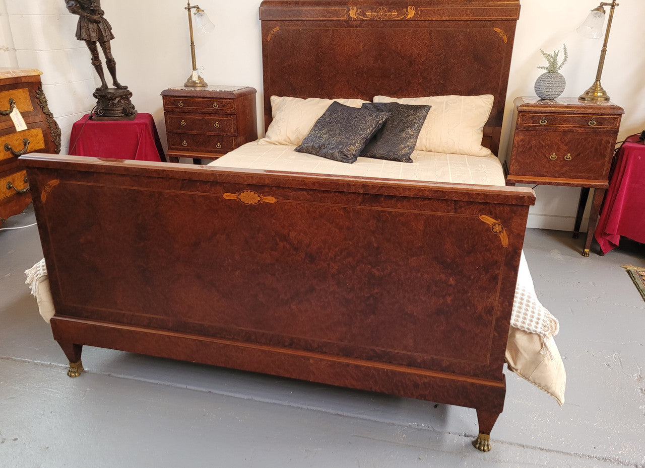 French Art Deco bedroom suite consisting of queen size bed in Amboyna wood and featuring pretty inlay. It comes with a matching pair of bedsides. It is a very stylish and high quality suite. It has been sourced from France and is in good original detailed condition.