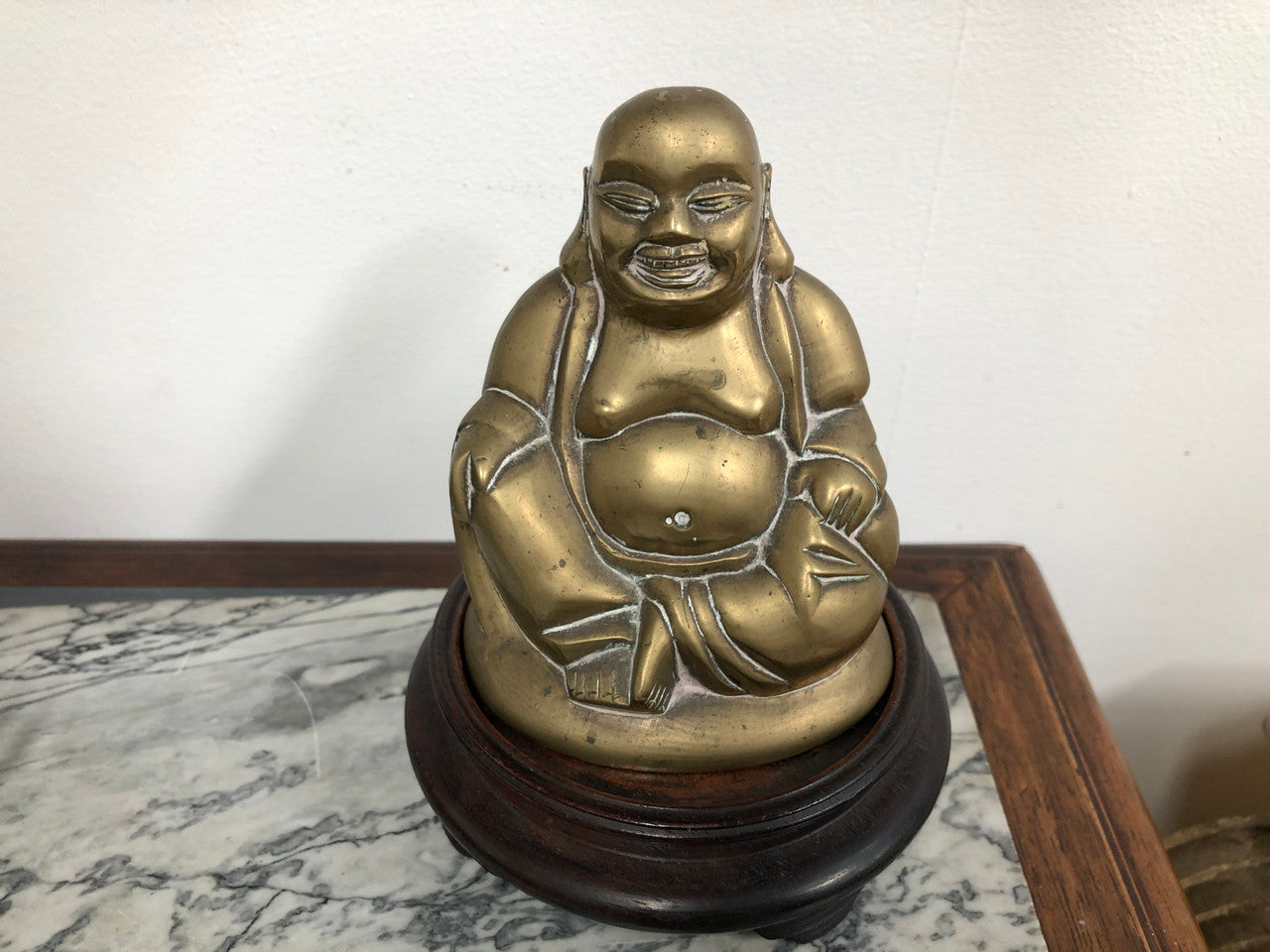 Antique Brass Chinese Buddha On Wooden Stand | Antique & Vintage | Moonee Ponds Antiques | Australia Wide Delivery