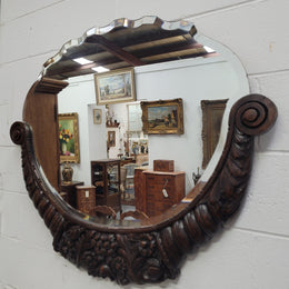 Unusual Art Deco Shaped & Bevelled Mirror Half Framed with Carved Oak