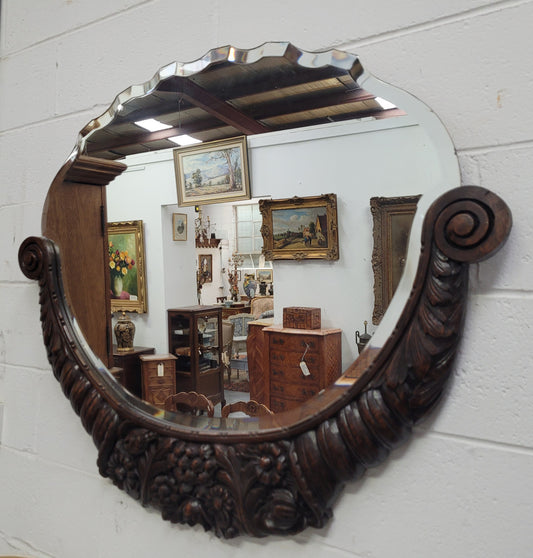 Unusual Art Deco Shaped & Bevelled Mirror Half Framed with Carved Oak