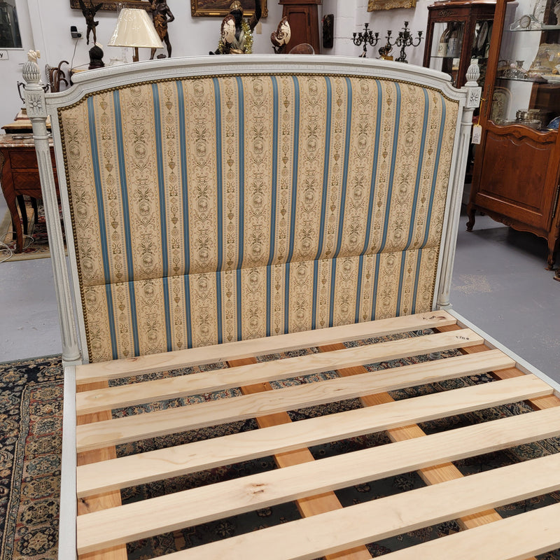 French Louis 16th style double bed and rails with original crackle paint. It also has good quality upholstery. Bed comes complete with custom made slats. Just place your mattress on top. Sourced from France and in good original detailed condition.