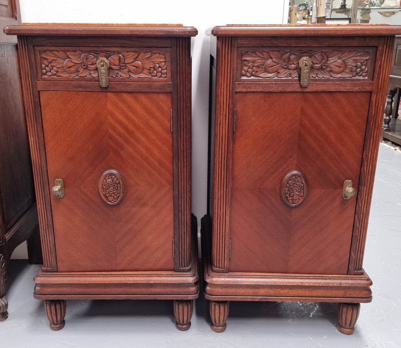 Pair Of French Oak Art Deco Inset Marble Top Bedsides
