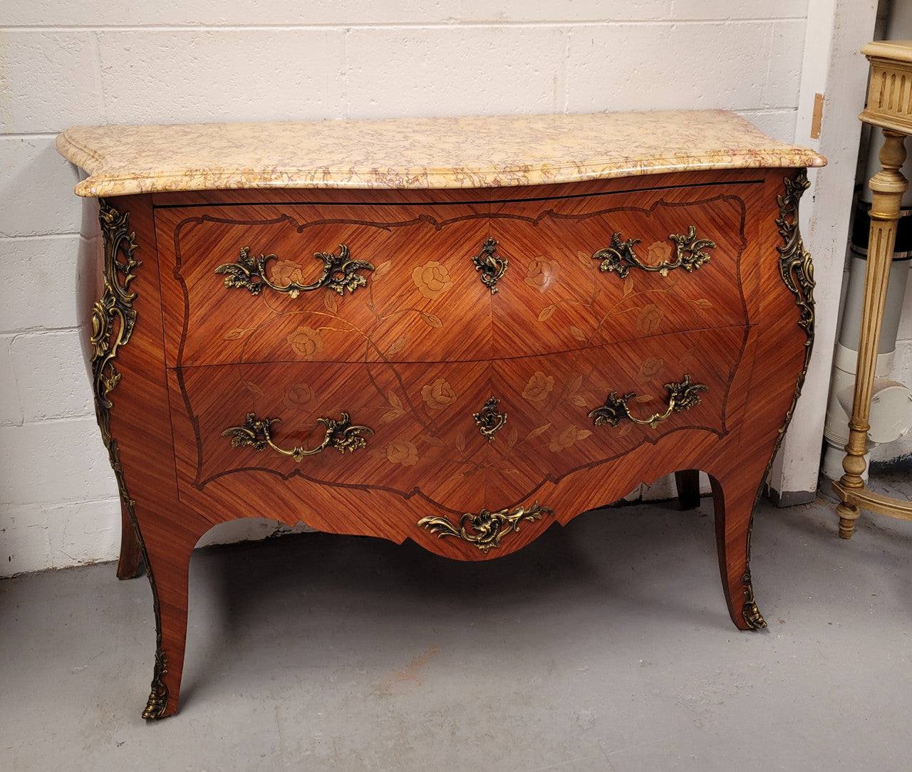 ** ON HOLD** Louis XV Style Two Drawer Marquetry Inlaid Kingwood Marble Top Commode