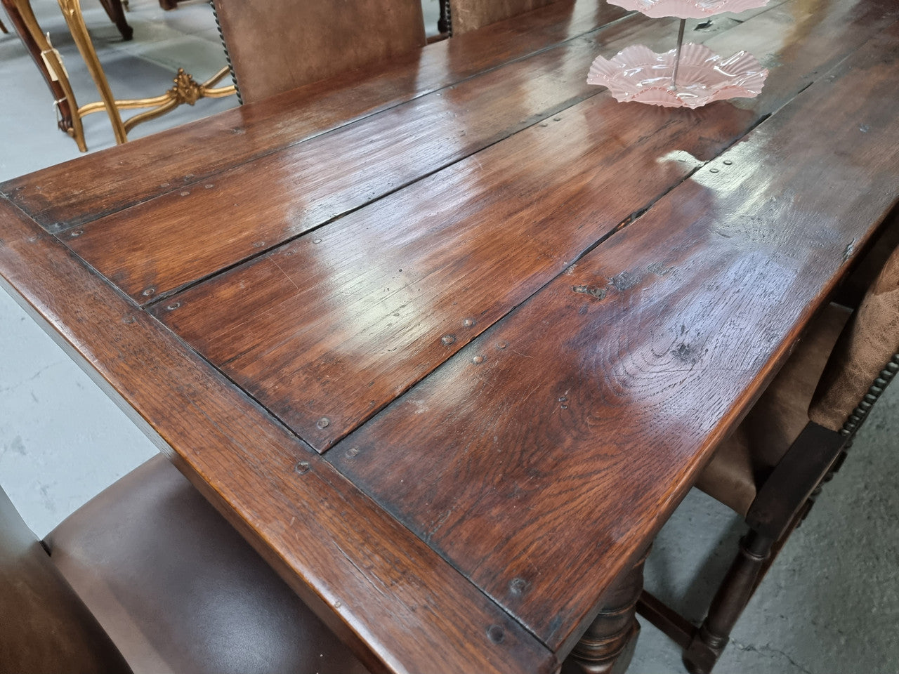 Amazing 3 Meter Dark Oak Farmhouse Dining Table With Set of 10 Leather Chairs | Antique & Vintage | Moonee Ponds Antiques | Australia Wide Delivery