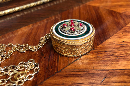 Vintage Gilt French Enamel Pill Box On Chain