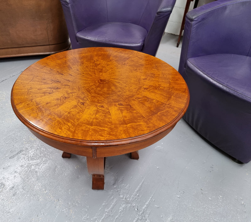 Art Deco figured Walnut round occasional table. It is in good original detailed condition and has been sourced locally.