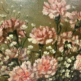 A signed oil on canvas painting of Carnations flowers in an ornate gilt original frame. Circa 1900's in good original condition.