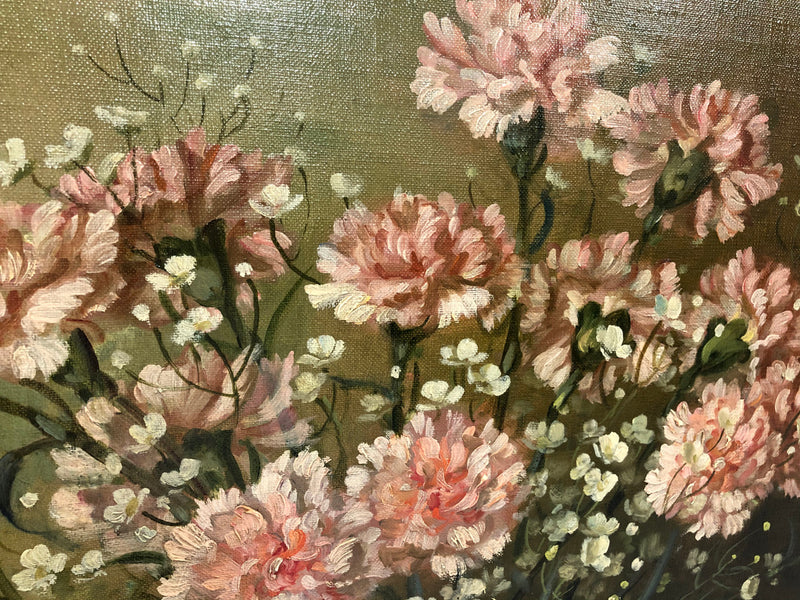 A signed oil on canvas painting of Carnations flowers in an ornate gilt original frame. Circa 1900's in good original condition.