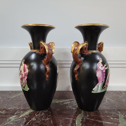 Pair Antique 19th century Paris porcelain Grecian style vases. Please view photos as they help form part of the description.