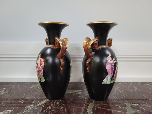 Pair Antique 19th century Paris porcelain Grecian style vases. Please view photos as they help form part of the description.