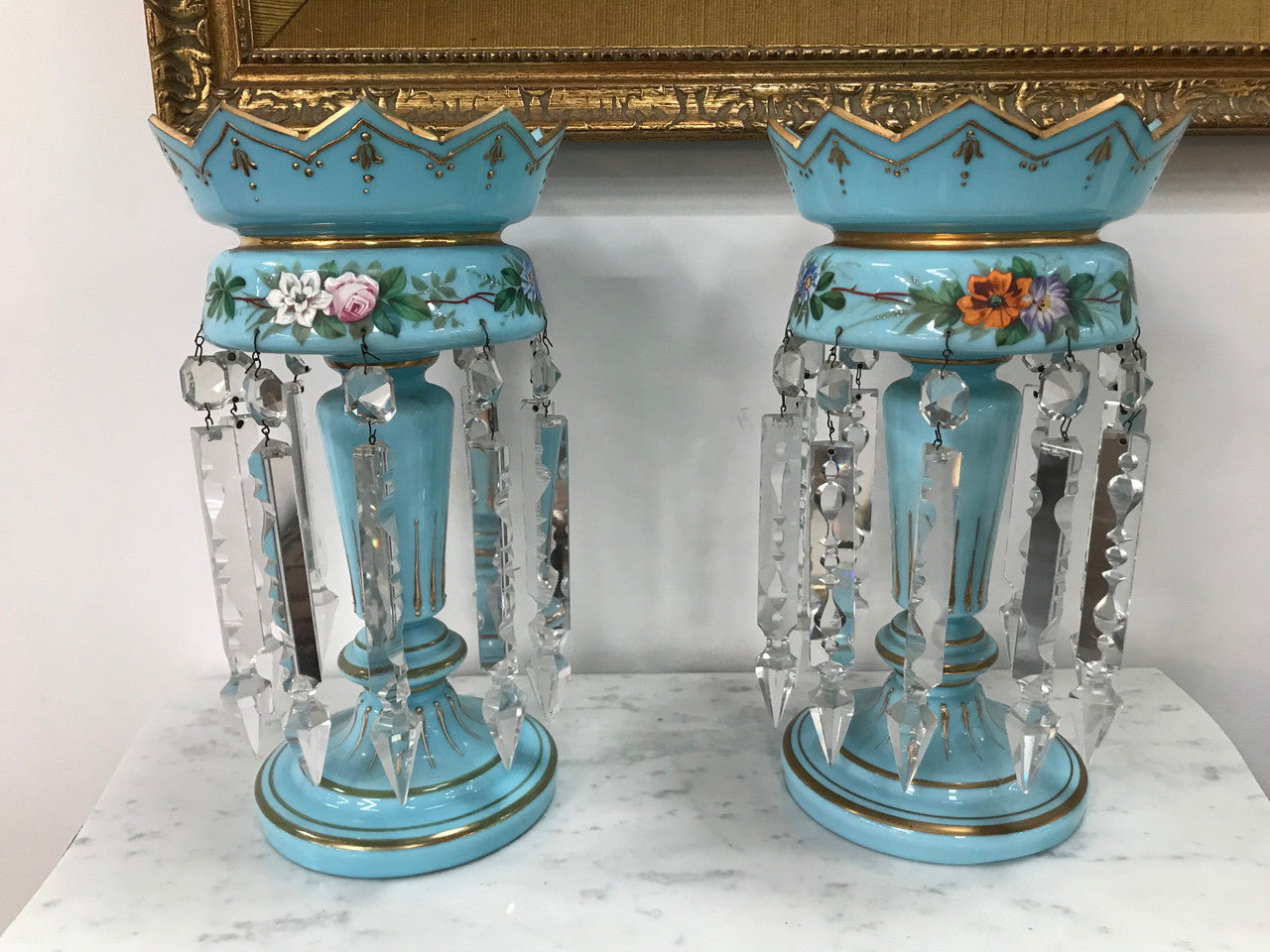 A Pair Of Victorian Blue Glass Lustres