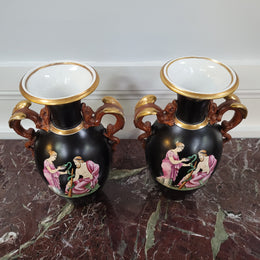 Pair Antique 19th century Paris porcelain Grecian style vases. Please view photos as they help form part of the description.