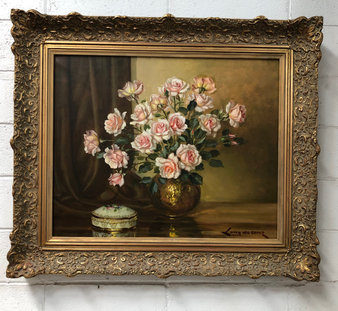 Large French signed oil on canvas of flowers. From circa 1950s and is in good original condition.