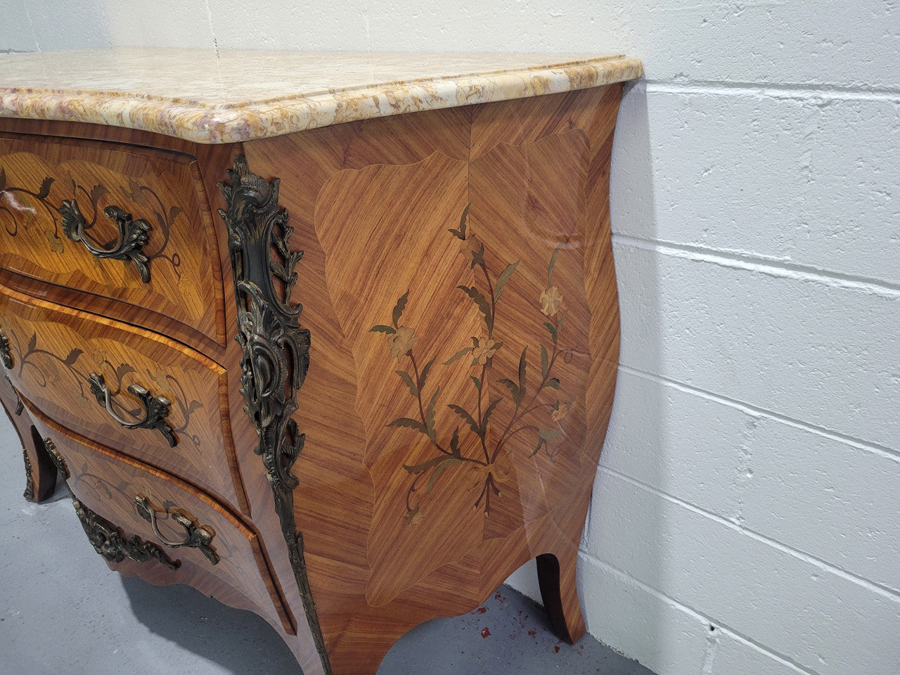 French Three Drawer Marquetry Inlaid Marble Top Commode | Antique & Vintage | Moonee Ponds Antiques | Australia Wide Delivery