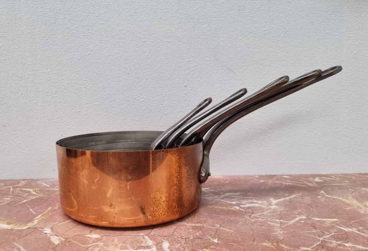 Set of Five Vintage Copper Saucepans with Tin Lining Made In France