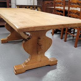 Stunning French Oak Farmhouse table with two extension leaves. When fully extended the table measures to a massive 339.5 cm long. Sourced from France and in good original detailed condition.