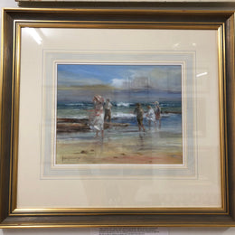 An oil on canvas on board framed and under glass a beautiful painting of a "Windy day at the beach Mornington" by Australian Artist Judy Talacko.