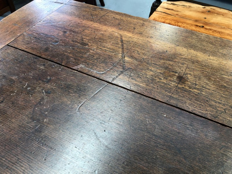 18th century French Oak Farmhouse table of small proportions. Practical square shape and size ideal for a unit or apartment. In good original detailed condition.