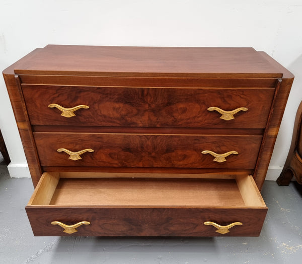 Stylish French Art Deco chest of three drawers. Sourced from France and in good original detailed condition. Circa 1920's.