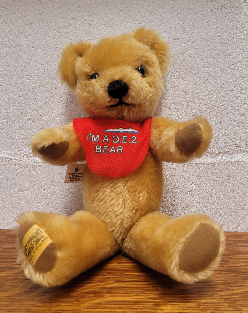 “Merry Thought” Golden Mohair fully Jointed Teddy Bear.  Made in England, commemorating QE2. 32cm length. Excellent Condition.