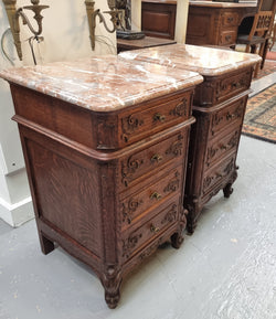 A Pair of Hard To Find French Oak Louis XV Style Four Drawer Marble Topped Bedsides | Antique & Vintage | Moonee Ponds Antiques | Australia Wide Delivery