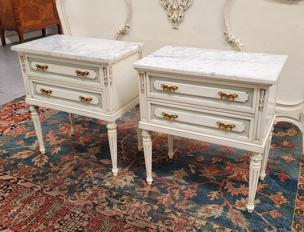 Attractive pair of Vintage French Louis 16th style two drawer marble topped bedsides. They have been sourced from France and are in good original condition.