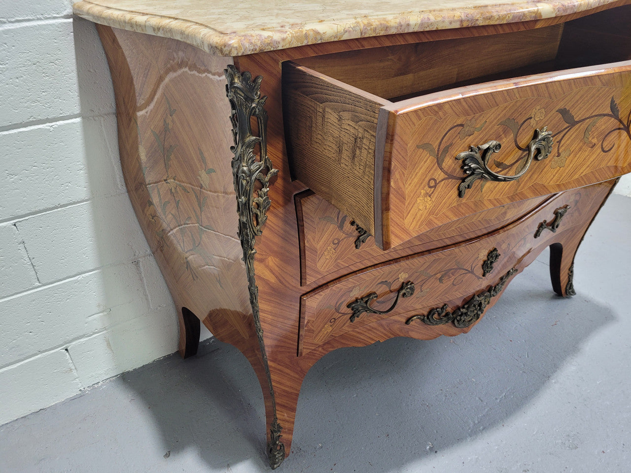 French Three Drawer Marquetry Inlaid Marble Top Commode | Antique & Vintage | Moonee Ponds Antiques | Australia Wide Delivery