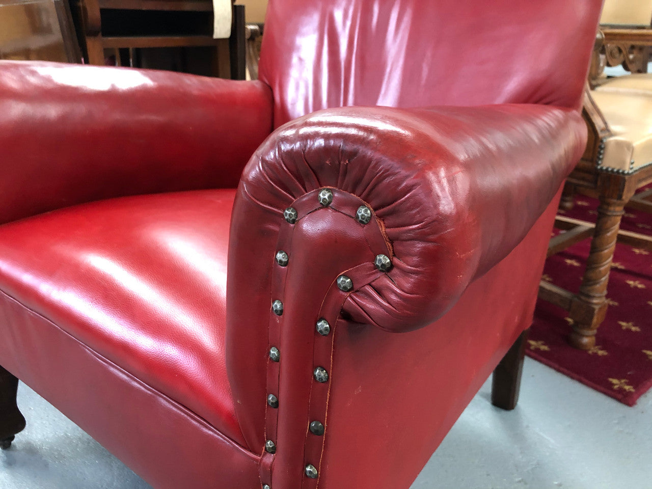 Art Deco arm chair with red leather. From circa 1920's and very comfortable to sit in. It is in good original condition.