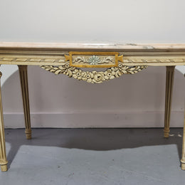 Charming painted Louis XVI style oval marble top coffee table. In good original detailed condition.