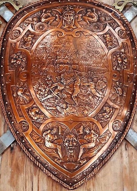 An Antique Very Detailed Embossed Copper Shield with Swords | Antique & Vintage | Moonee Ponds Antiques | Australia Wide Delivery