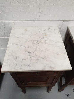 French Pair Of Oak White Marble Top Bedside Cabinets | Antique & Vintage | Moonee Ponds Antiques | Australia Wide Delivery
