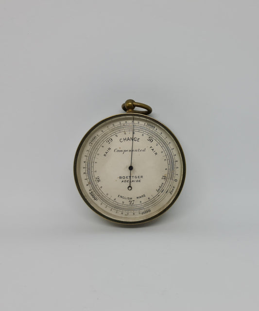 Interesting Antique travelers altimeter/ barometer by Boettger Adelaide. Marked B1587. British made, with a heavy brass case. In amazing original condition.