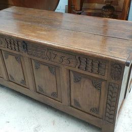 Antique French oak coffer/chest with 1755 engraved on the front. This is an amazing piece and in good original condition.