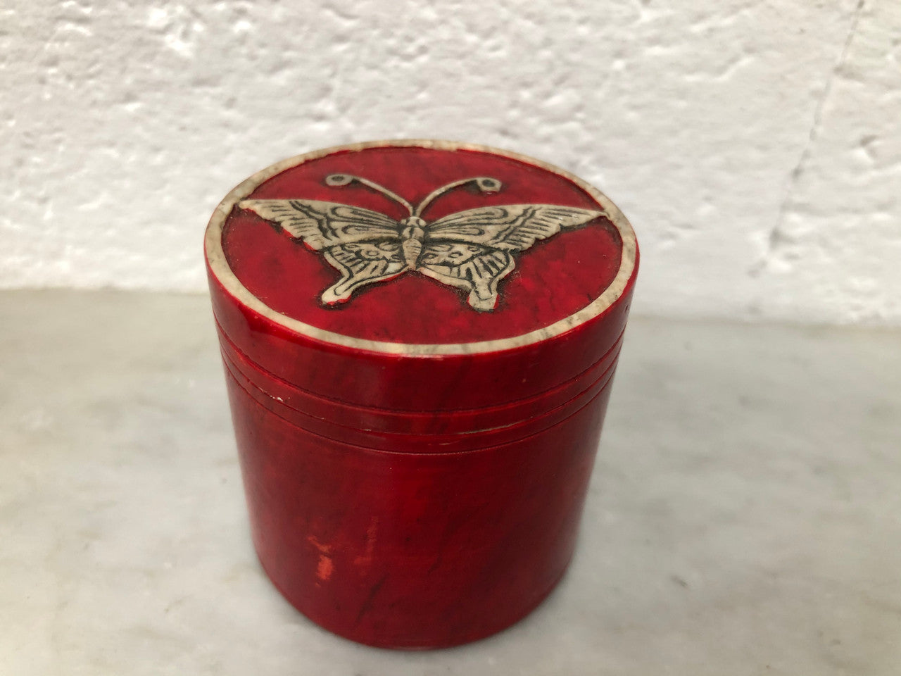 Vintage Hand Carved Marble Trinket Box With Butterfly