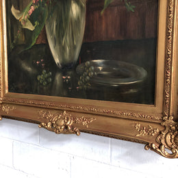 Beautiful ornate gilt framed signed French oil on canvas "Lillies In Vase" . In good original detailed condition.