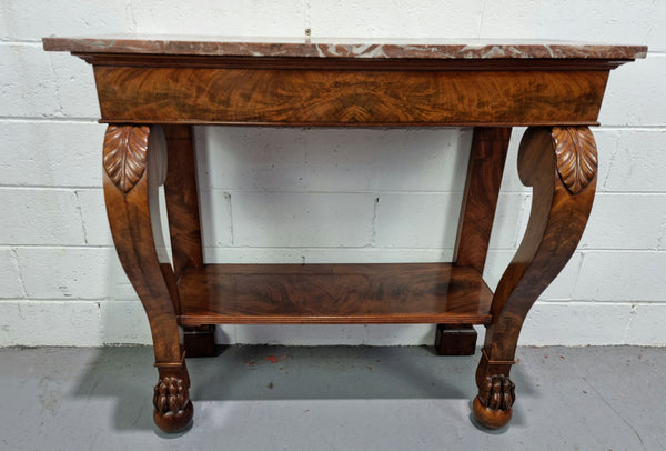 Beautiful 19 th century French mahogany console table with a lovely marble top. In good original detailed condition.