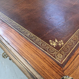 Beautifully fully restored French Antique Rosewood partners desk with beautiful ormolu detail and lovely tooled new leather top. There are three functioning drawers on one side for all your storage needs.