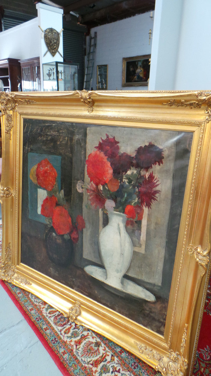 A very striking large Dutch signed oil on canvas painting. It has beautiful vibrant colours and has been sourced from France. It is in an original gilt frame and in good condition.