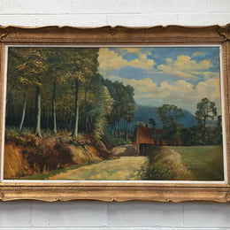 Large French oil on canvas of "country cottage" scene in a beautiful ornate gilt frame. In good original detailed condition.