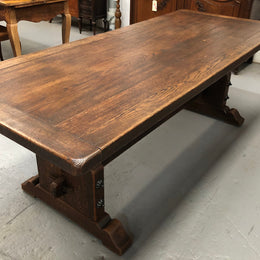 French Oak stretcher base Farmhouse dining table. In good original detailed condition.
