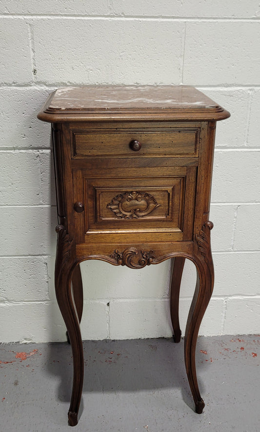 French Louis XV Style Walnut Bedside With Inset Marble Top